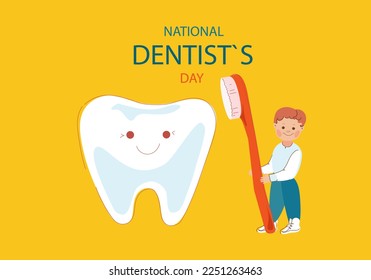 Little boy cleaning big tooth . National dentist day horizontal banner.Vector doodle cartoon illustration.