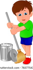 Little boy cleaning, sweeping