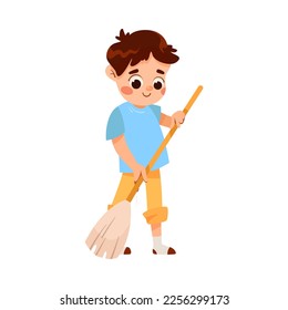 Little Boy Cleaning Sweeping the Floor with Broom Vector Illustration