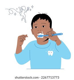 Niño pequeño limpiando dientes con cepillo de dientes azul. Silueta delineada por hada dental. Ilustración de dibujos animados de vectores aislados en fondo blanco. Higiene oral y estilo de vida saludable.