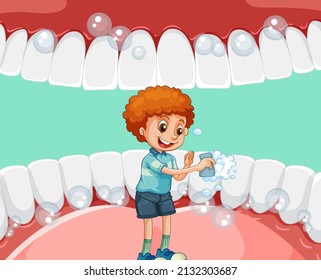 A Little Boy Cleaning Teeth Inside Human Mouth Illustration