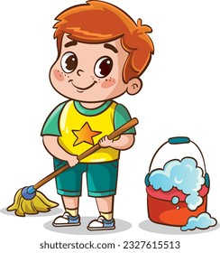 limpieza de niños pequeños.piso de lavado lindo niño con ilustración de mop vector