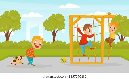 Little Boy Climb Ladder Enjoy Summer Activity Vector Illustration