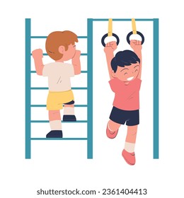 Little Boy Climb Ladder and Hang on Rings Being at Kindergarden Vector Illustration