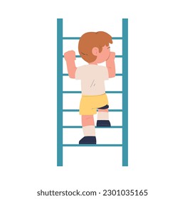 Little Boy Climbing Ladder Being at Kindergarden Playground Vector Illustration