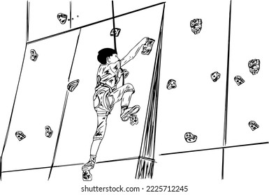 Un niño pequeño trepando un dibujo de sketch cubierto de pared de roca, acción de escalada en un parque de aventura ilustración de silueta vectorial, arte de clip de escalada en pared y un símbolo