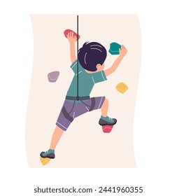 Little boy climbing rock wall, isolated. Schoolboy sport activity. Climbing school vector illustration