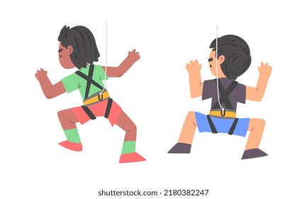 Little Boy Climbing Steep Rock or Wall with Harness Rope Engaged in Bouldering Training Vector Set