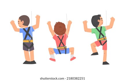 Little Boy Climbing Steep Rock or Wall with Harness Rope Engaged in Bouldering Training Vector Set