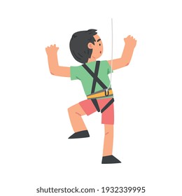 Little Boy Climbing Wall, Back View of Kid Climber Character Practicing Extreme Sport, Having Fun in Adventure Park Cartoon Style Vector Illustration