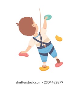 Little Boy Climbing Wall Crawling Up Equipped with Rope Gripping to Ledges Back View Vector Illustration