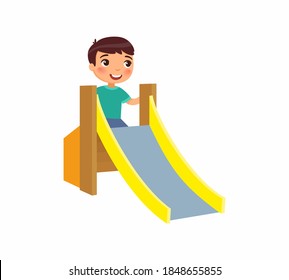 Little boy climbs a children's slide. Joyful child, summer vacation. Concept of vacation and entertainment on the playground. Cartoon character. Flat vector illustration.