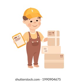 Little Boy with Clipboard and Parcels Representing Freight Mover or Courier Profession Vector Illustration