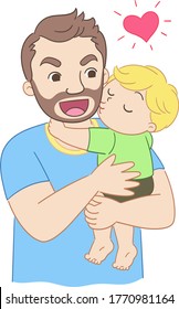 A little boy closes his eyes while kissing his father's cheek. An adult hugs the child and both look very happy.