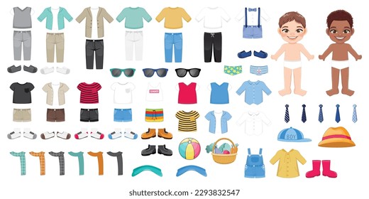 Little boy clothes. Little funny character with garments. Paper doll for children play. Fashionable constructor. Seasonal jackets, coats, t shirt and shoes vector