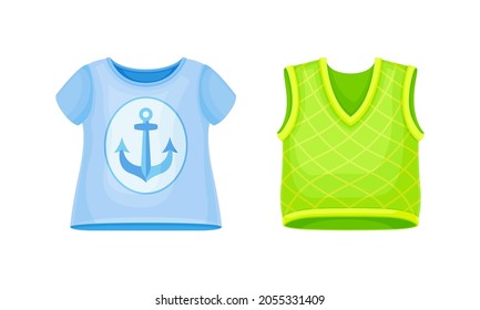 Little boy clothes set. Blue t-shirt and green knitted vest cartoon vector illustration