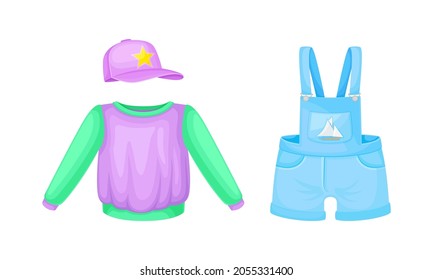 Little boy clothes set. Sweatshirt and denim overalls cartoon vector illustration