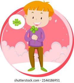 Little boy with clover leaf on white background illustration