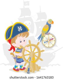 Little boy with a cocked sailor hat and a toy filibuster pistol playing a sea pirate with an old wooden ship steering helm, a compass and a funny parrot, vector cartoon illustration
