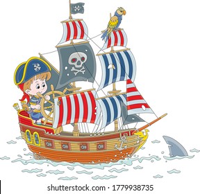 Little boy with a cocked sailor hat and a toy filibuster pistol playing a sea pirate with an old wooden ship steering helm and a funny parrot perched on a mast of a sailboat, vector cartoon