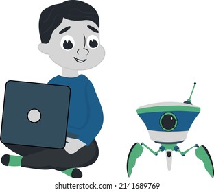 little boy coding robot from laptop.