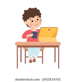 Pequeño niño con tazón de café en la zona de Tablet PC usando la ilustración de vectores de tecnología inteligente