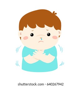 Little boy with a cold shivering cartoon vector illustration.