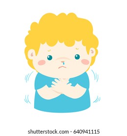 Little boy with a cold shivering vector cartoon illustration.