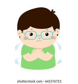 Little boy with a cold shivering vector cartoon illustration.