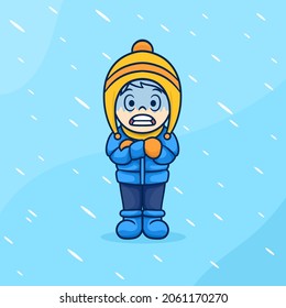 little boy is cold and wearing a jacket in winter