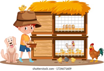 Little boy collecting eggs on white background illustration