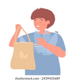 Little boy collecting plastic bottles. Zero waste kids, garbage management cartoon vector illustration