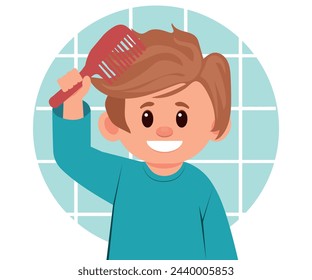 little boy combing his hair, child learning care and hygiene. vector illustration.