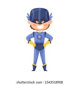 Little Boy In Comic Superhero Lilac Costume And Cap Vector Illustration Cartoon Character