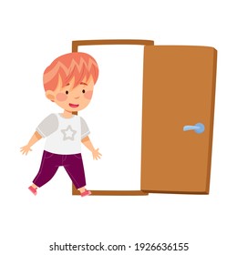 Little Boy Coming Into the Door Vector Illustration