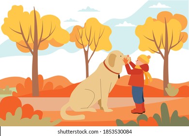 A little boy and a companion with a big fluffy brown dog. Walking along the autumn street, forest. Caring for a four-legged friend. Vector illustration in a flat style. Isolated over white background.