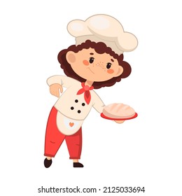 A Little Boy Cook Bakes Bread. Cute Children's Cartoon Character in a Chef's Uniform. Vector Illustration