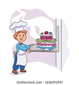 Little boy cook hold with big tasty glazed cake with festive decoration. Child wearing white master chief apron and hat. Small confectioner cooking, baking, making dessert. Vector illustration