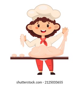 A Little Boy Cook Mixes the Dough. Cute Children's Cartoon Character in the Image of a Chef. Vector Illustration