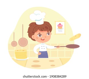 Niño cocinando panqueques en la sartén en casa. Niño feliz con sombrero y delantal haciendo ilustración del vector de comida dulce. Moderno diseño interior de cocina con un montón de crepes en el plato.