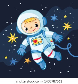 Little boy is an cosmonaut in space among the stars. Vector illustration in small style.