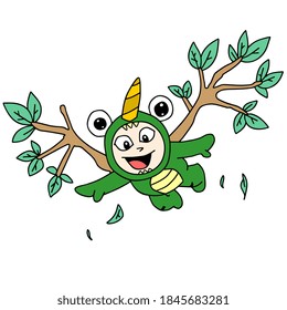 a little boy in the costume of a flying monster using tree branch wings. cartoon illustration sticker emoticon