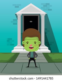 little boy with costume of frankenstein in house door