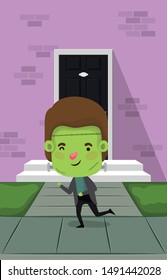 little boy with costume of frankenstein in house door