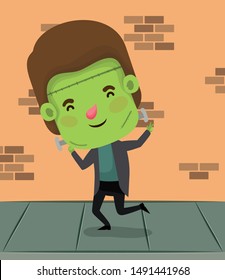 little boy with costume of frankenstein in wall