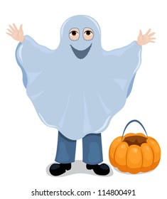 Little boy in a costume of the ghost. Vector cartoon illustration.