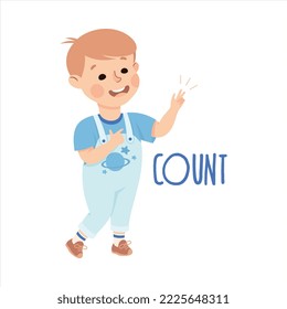 Little Boy Counting with Fingers Demonstrating Vocabulary and Verb Studying Vector Illustration