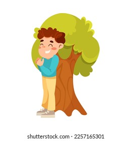 Little Boy Counting Standing Near Tree Playing Hide and Seek Game and Having Fun Vector Illustration