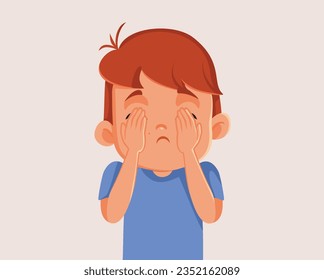 
Little Boy Covering His Eyes Vector Cartoon illustration. Unhappy child hiding his face shielding from abuse
