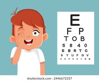 
Niño Pequeño Cubriendo Un Ojo Tomando Ilustración vectorial De Prueba De Visión. Niño que tiene su vista examinada en una clínica de oftalmología 
